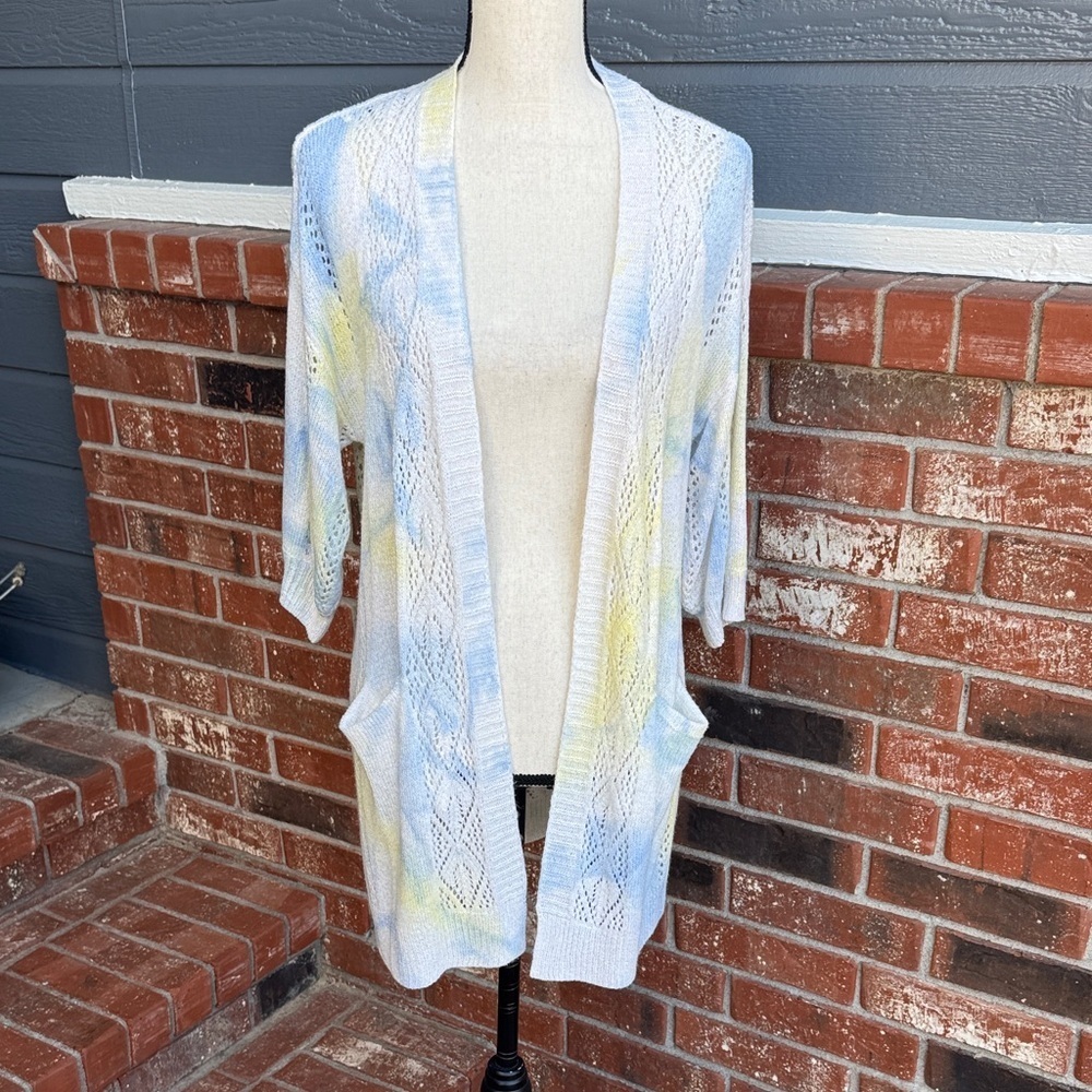 POL Tie Dye Pointelle Knit Cardigan Pastel Blue & Yellow Women's Size Small